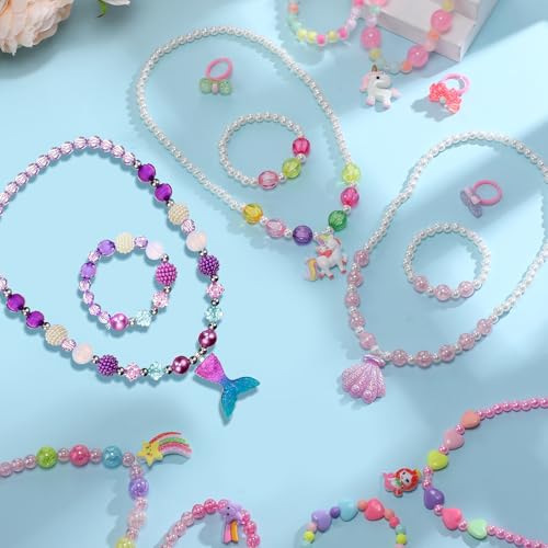 Sumind 6 Sets Toddler Jewelry – 12-Piece Beaded Necklace and Bracelet Set for Little Girls, Magic Style Dress Up Costume Favors