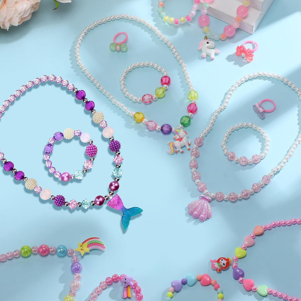 Sumind 6 Sets Toddler Jewelry – 12-Piece Beaded Necklace and Bracelet Set for Little Girls, Magic Style Dress Up Costume Favors