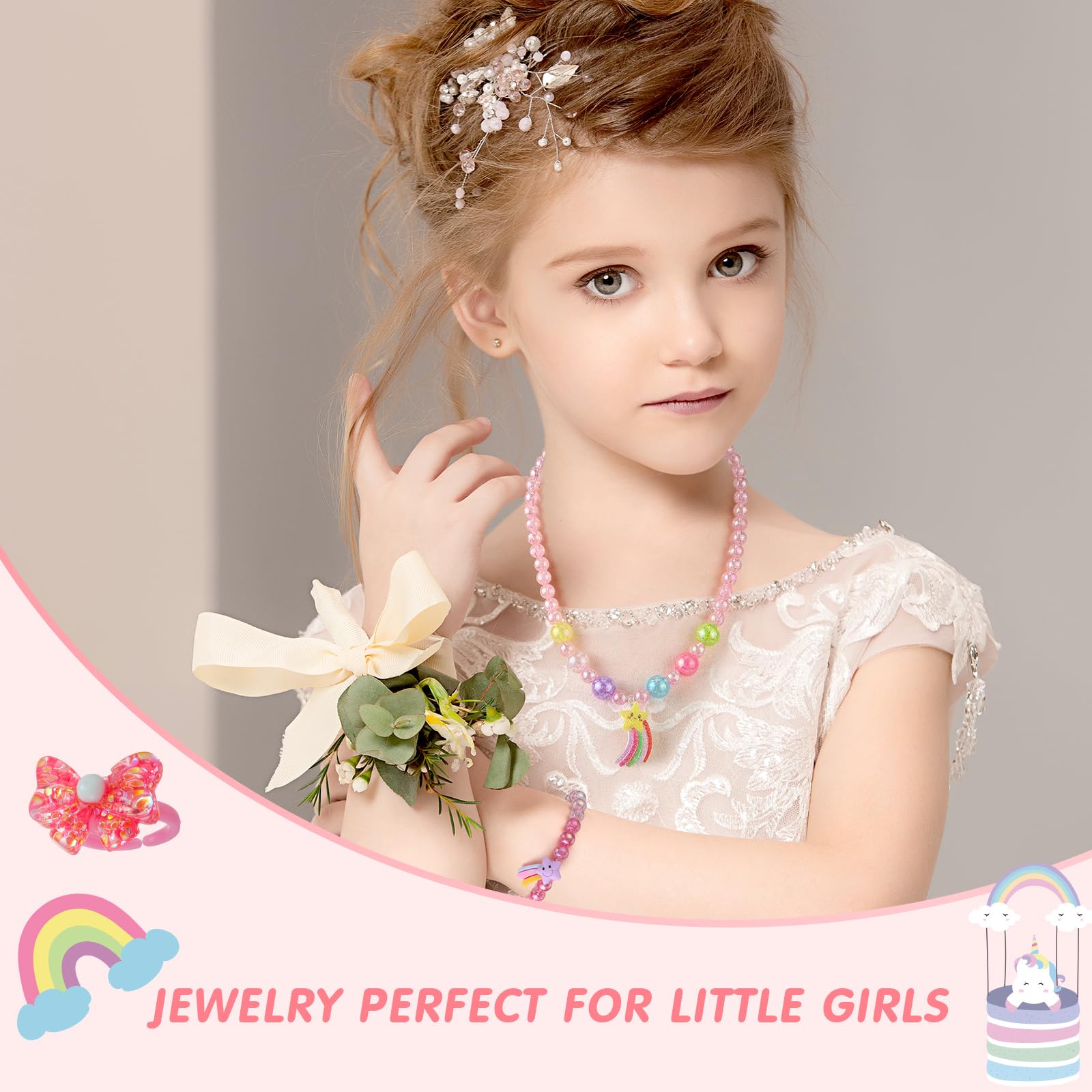 Sumind 6 Sets Toddler Jewelry – 12-Piece Beaded Necklace and Bracelet Set for Little Girls, Magic Style Dress Up Costume Favors