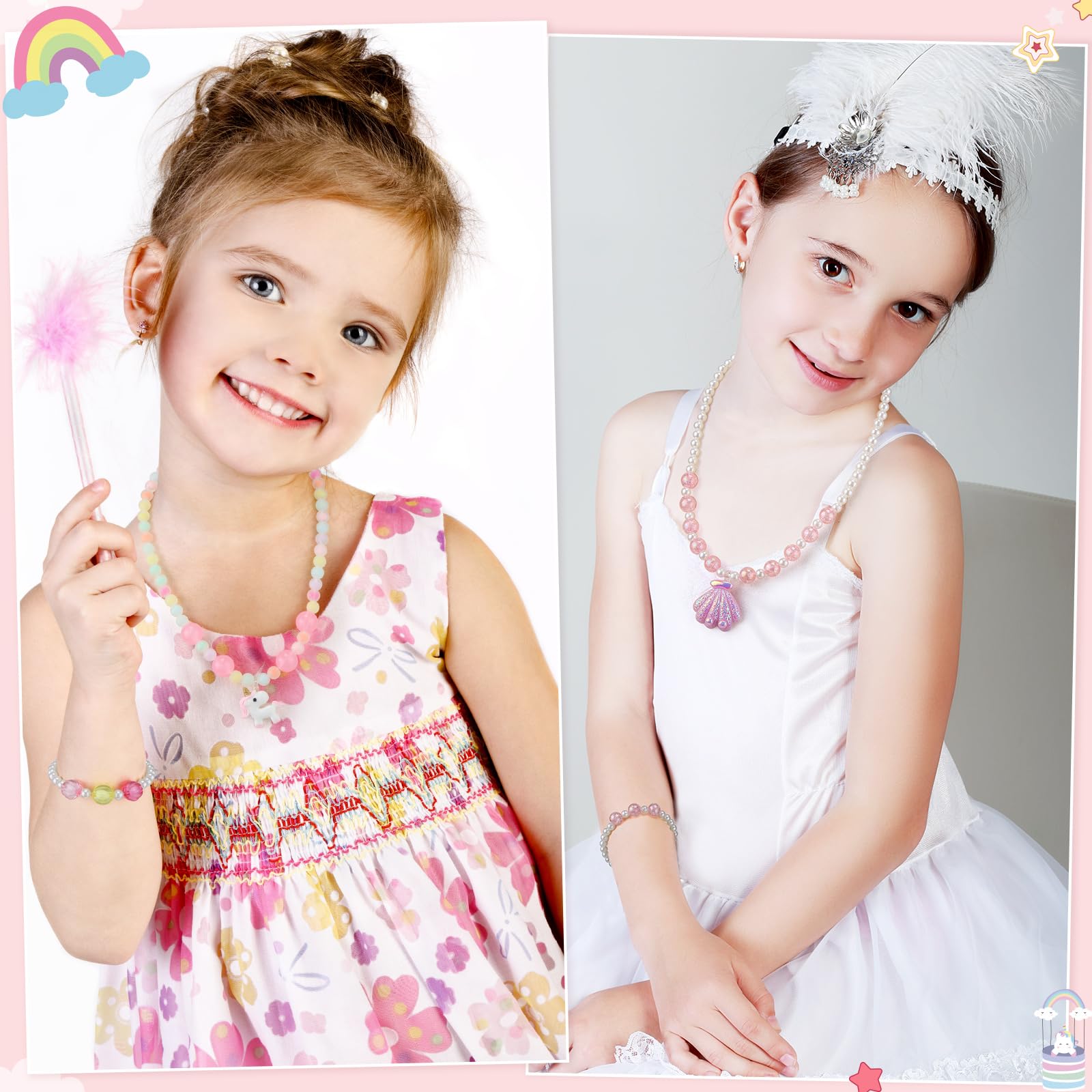 Sumind 6 Sets Toddler Jewelry – 12-Piece Beaded Necklace and Bracelet Set for Little Girls, Magic Style Dress Up Costume Favors