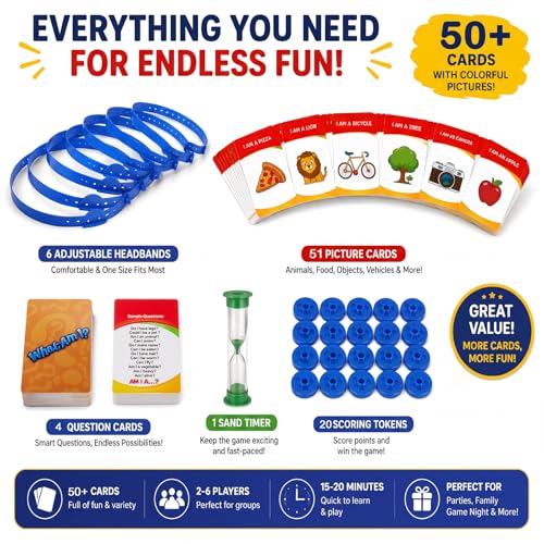 Sumind Headband Guessing Game - Fast-Paced 'What Am I?' Family Board Game with Adjustable Headbands, 3 Categories of Picture Cards, Sand Timer, and Scoring Coins