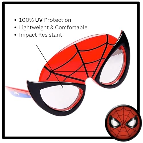 Sun-Staches Marvel Spider-Man Official Child Sunglasses - UV400 Red Web Mask Costume Accessory for Kids