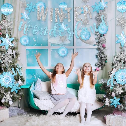 SUNBEAUTY 6.5ft Snowflake Garland Banner - Silver & Blue Winter Wonderland Party Decor