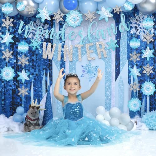 SUNBEAUTY 6.5ft Snowflake Garland Banner - Silver & Blue Winter Wonderland Party Decor