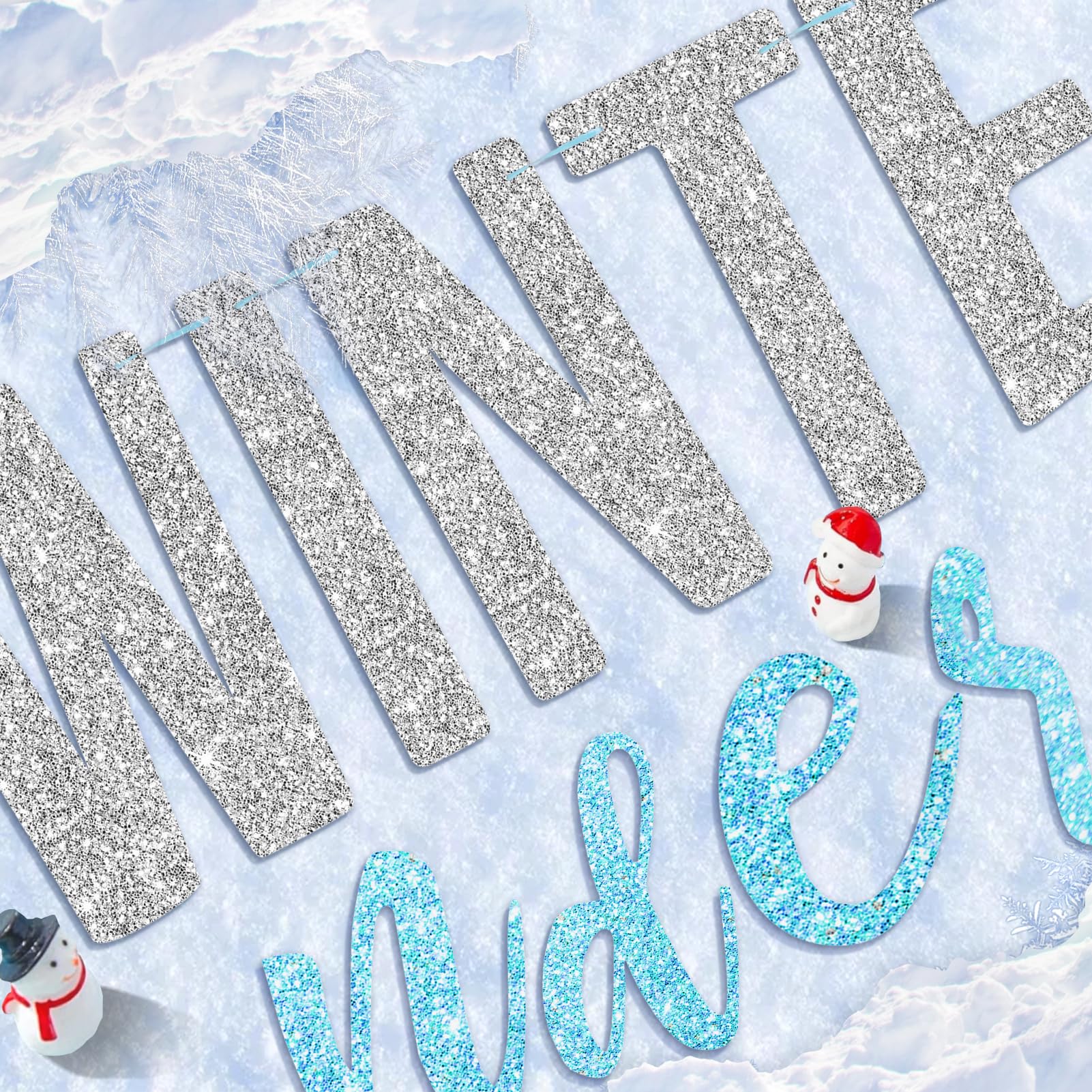 SUNBEAUTY 6.5ft Snowflake Garland Banner - Silver & Blue Winter Wonderland Party Decor