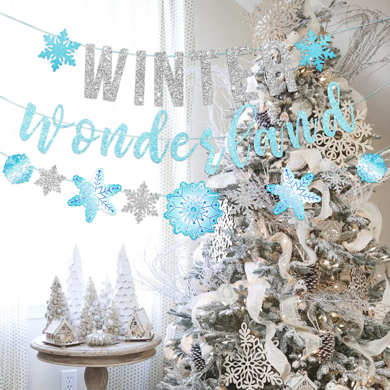 SUNBEAUTY 6.5ft Snowflake Garland Banner - Silver & Blue Winter Wonderland Party Decor