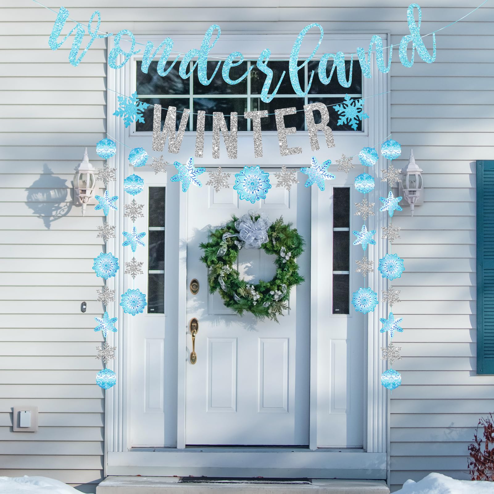 SUNBEAUTY 6.5ft Snowflake Garland Banner - Silver & Blue Winter Wonderland Party Decor