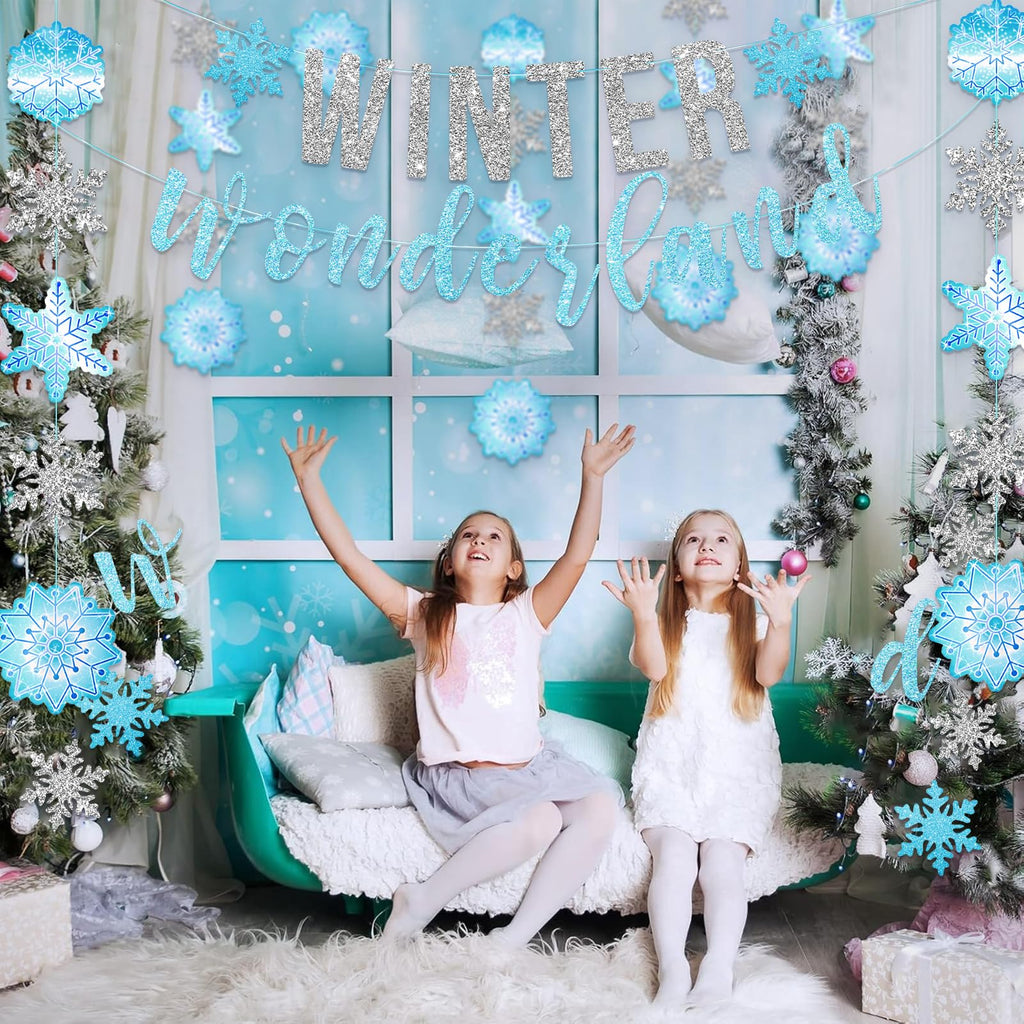 SUNBEAUTY 6.5ft Snowflake Garland Banner - Silver & Blue Winter Wonderland Party Decor
