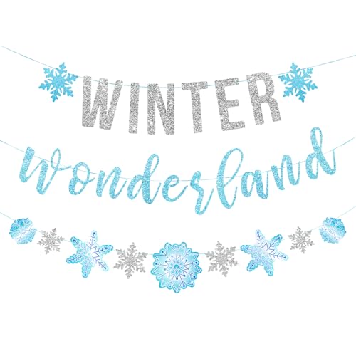 SUNBEAUTY 6.5ft Snowflake Garland Banner - Silver & Blue Winter Wonderland Party Decor
