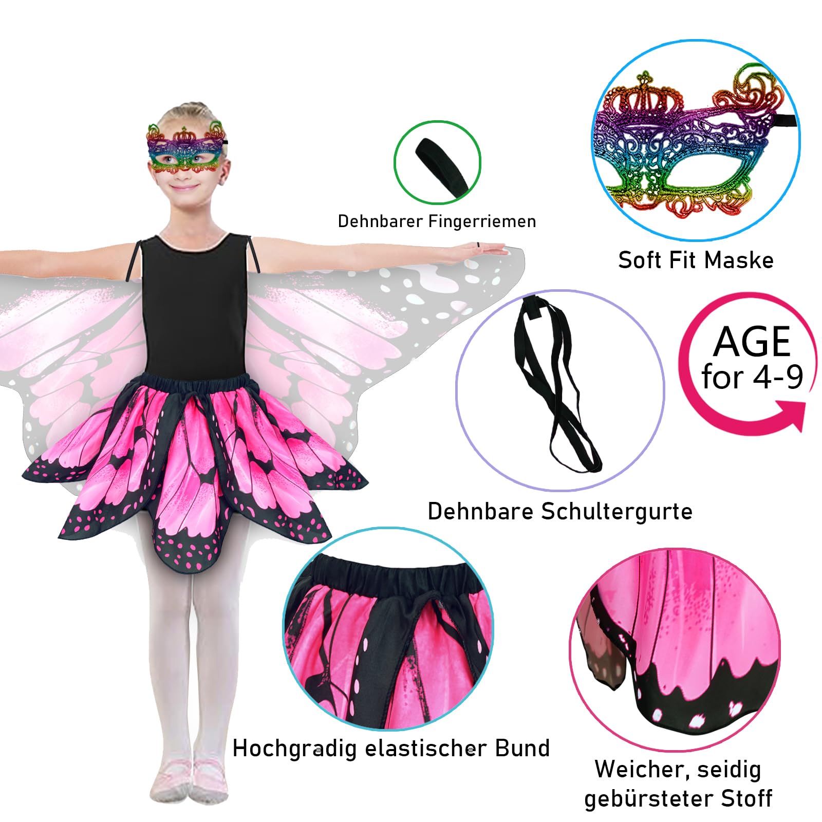 Sunlisky Kids Butterfly Wings Costume Set for Girls – Fairy Dress, Wings & Mask for Ages 4-9