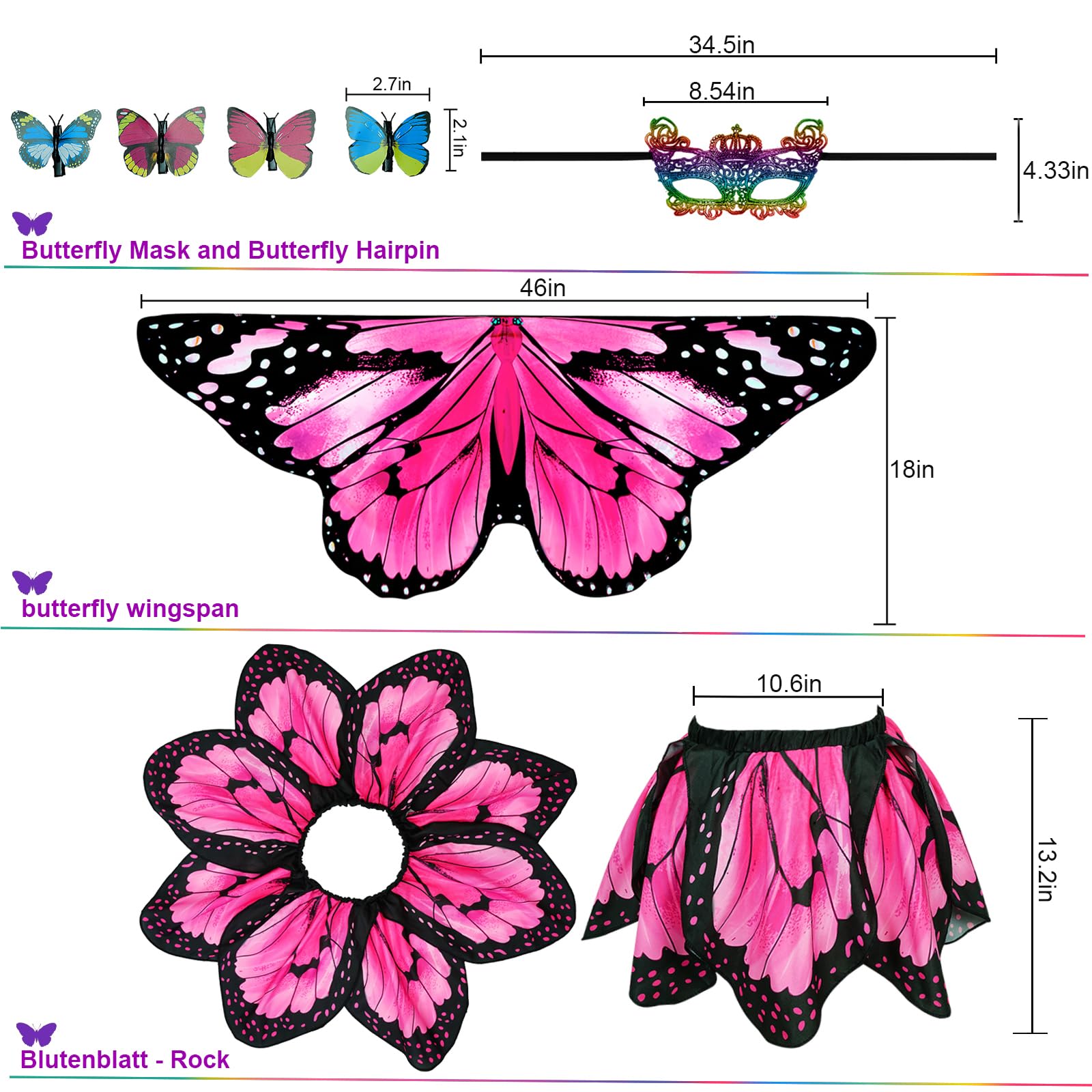 Sunlisky Kids Butterfly Wings Costume Set for Girls – Fairy Dress, Wings & Mask for Ages 4-9