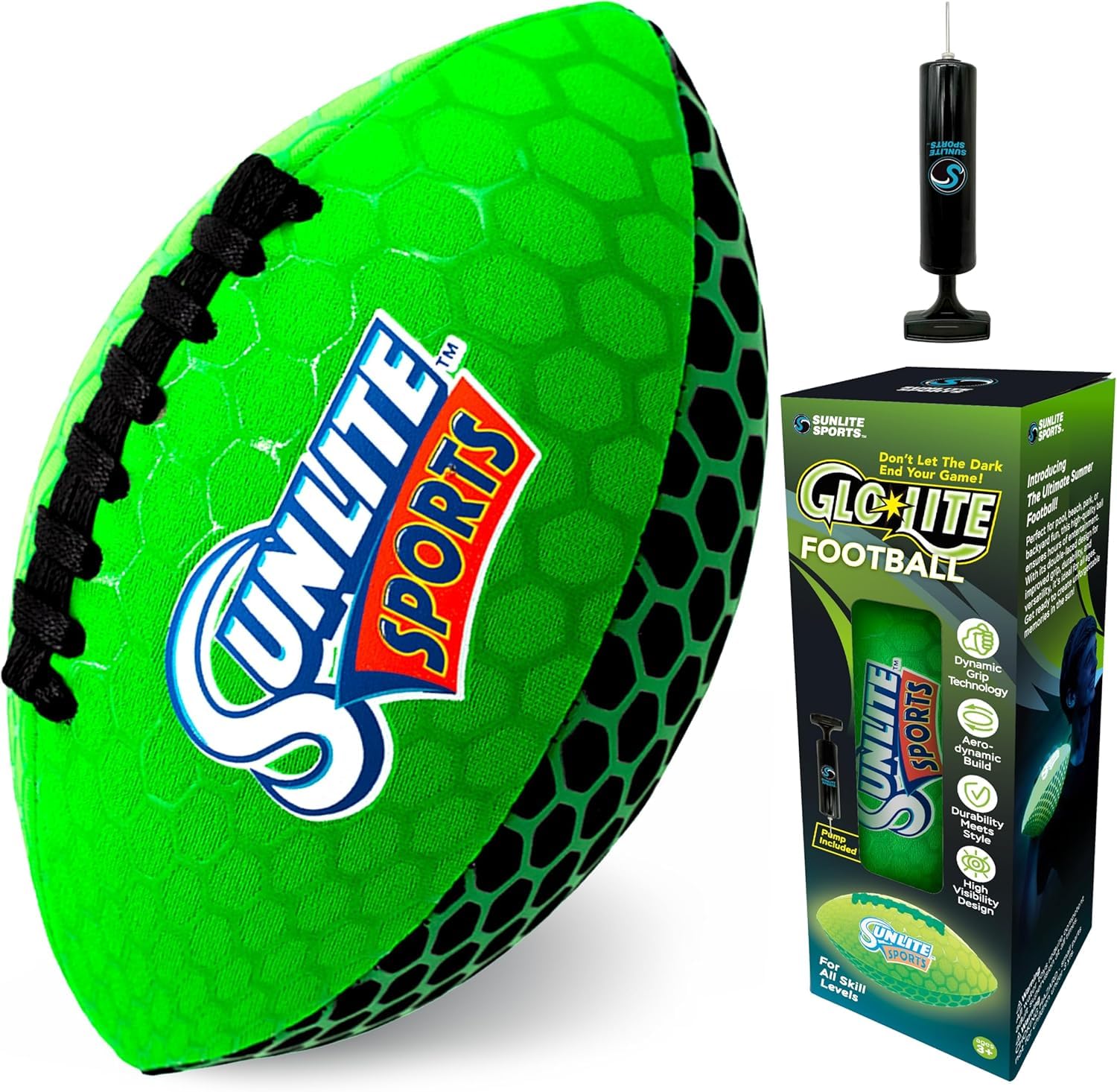 Sunlite Sports Glow-in-the-Dark Waterproof Football – Neoprene, Puncture-Resistant, 9-Inch, for Pool Beach Backyard Family Fun
