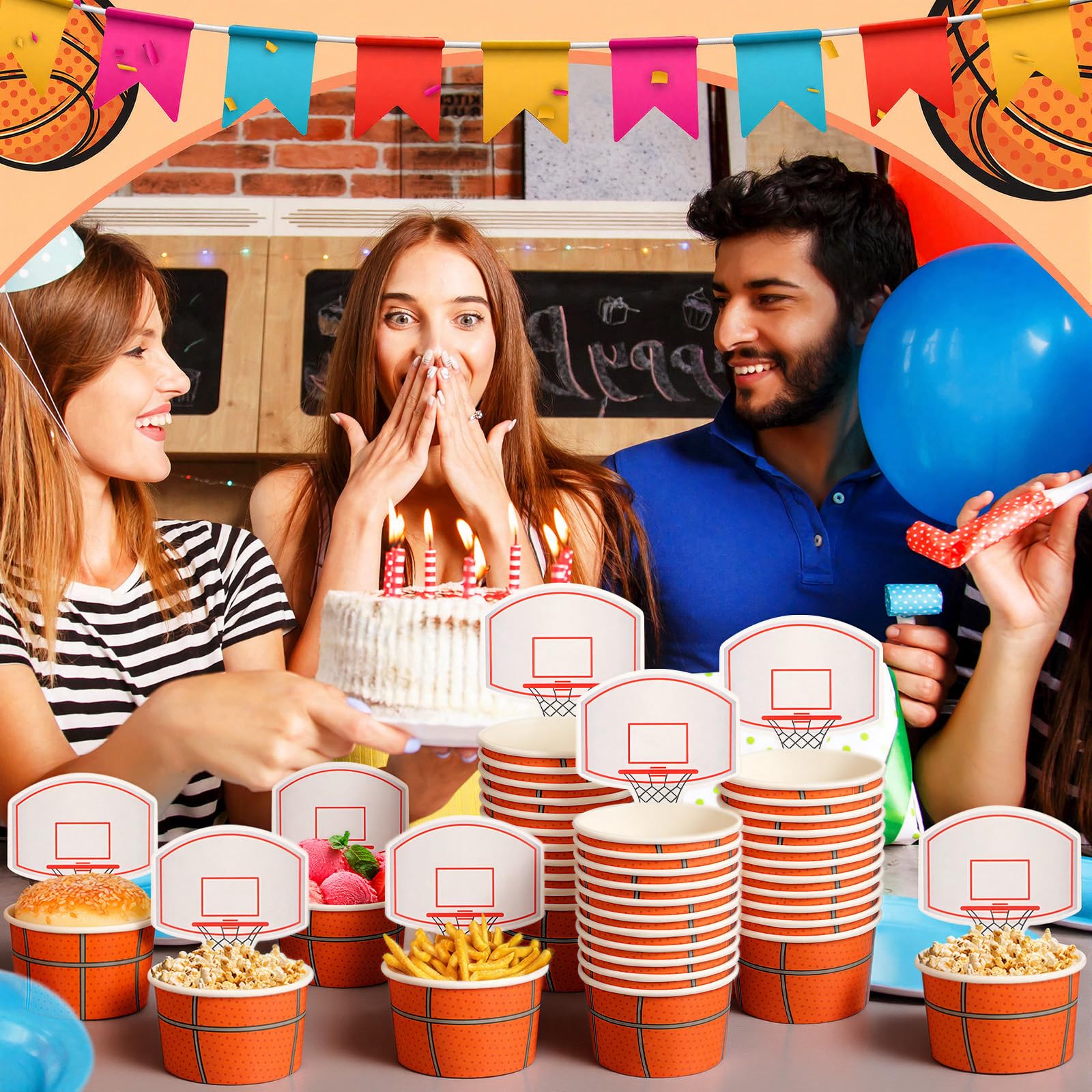 Sunnyray 24 Sets Basketball Hoop Snack Cups - Disposable Paper Party Cups with Cards for Basketball Themed Birthday Parties