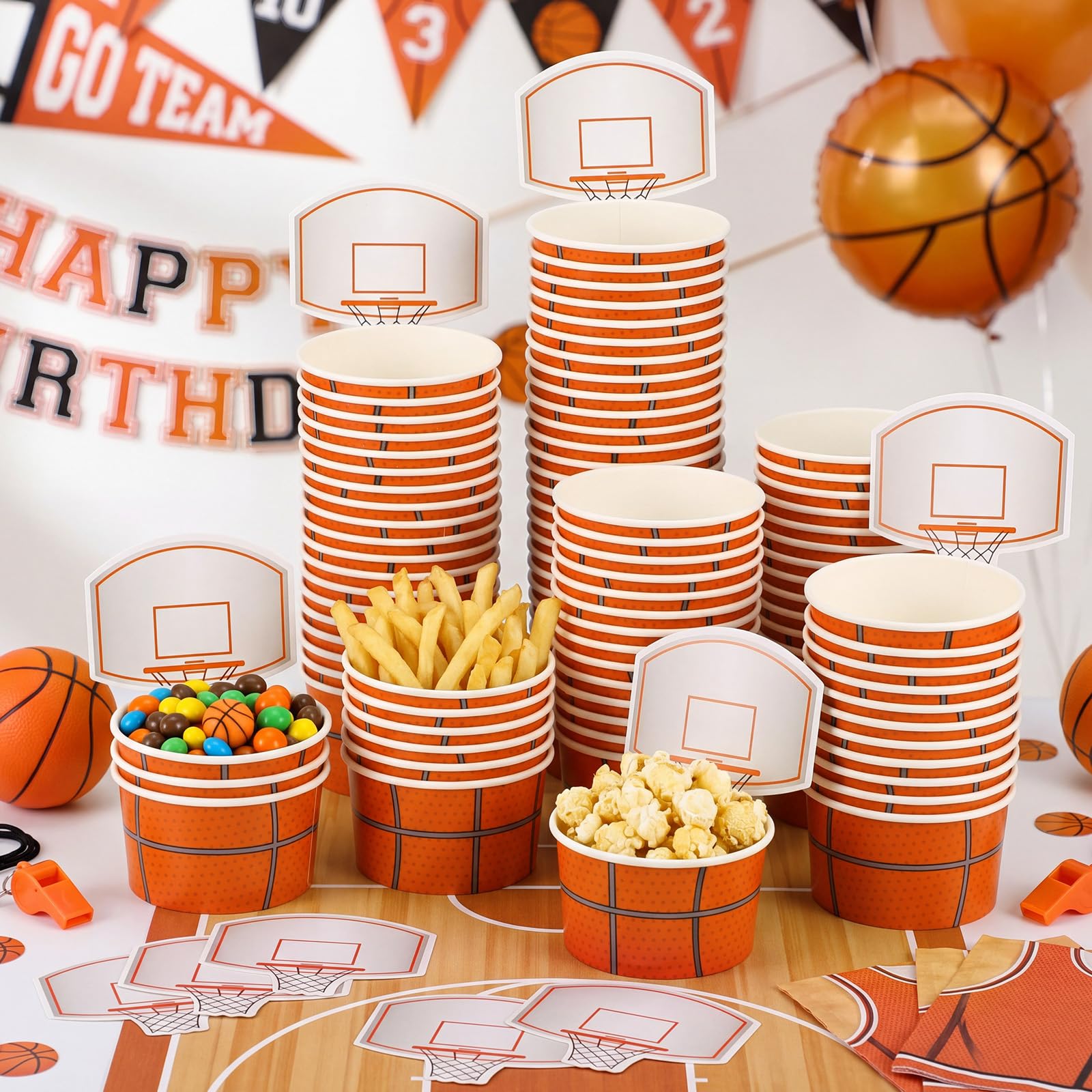 Sunnyray 24 Sets Basketball Hoop Snack Cups - Disposable Paper Party Cups with Cards for Basketball Themed Birthday Parties