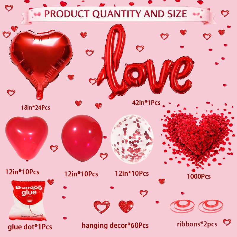 SUNPROUND Red Romantic Party Decoration Kit – 147 Pieces with Heart Balloons, LOVE Balloon, Rose Petals for Wedding, Anniversary, Proposal