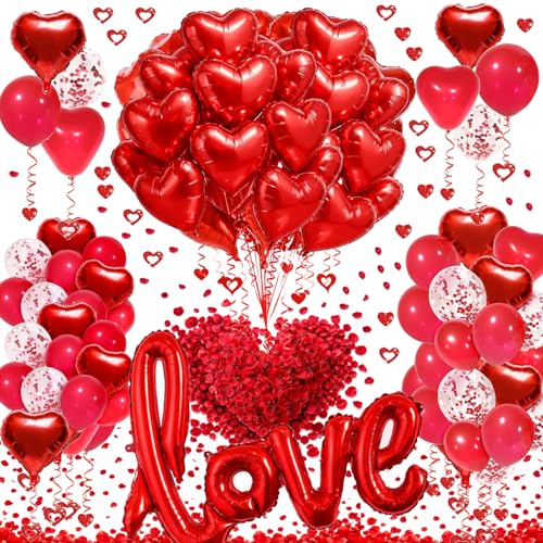 SUNPROUND Red Romantic Party Decoration Kit – 147 Pieces with Heart Balloons, LOVE Balloon, Rose Petals for Wedding, Anniversary, Proposal