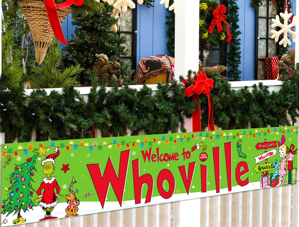 Sunwer Merry Christmas Fence Banner - Green-A, 1.6x8.2ft Polyester, Windproof, Indoor Outdoor Holiday Decoration