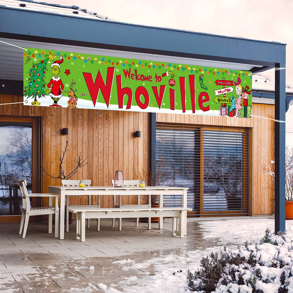 Sunwer Merry Christmas Fence Banner - Green-A, 1.6x8.2ft Polyester, Windproof, Indoor Outdoor Holiday Decoration