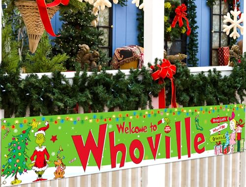 Sunwer Merry Christmas Fence Banner - Green-A, 1.6x8.2ft Polyester, Windproof, Indoor Outdoor Holiday Decoration
