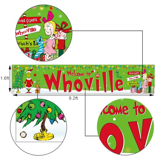 Sunwer Merry Christmas Fence Banner - Green-A, 1.6x8.2ft Polyester, Windproof, Indoor Outdoor Holiday Decoration