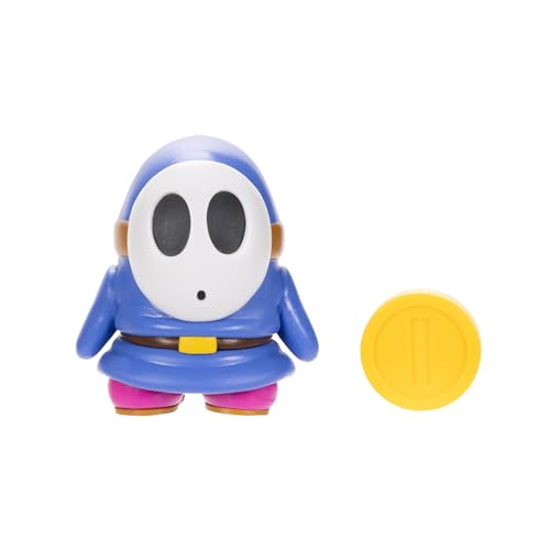 Super Mario 4-Inch Blue Shy Guy Action Figure with Coin – Poseable, Ages 3+