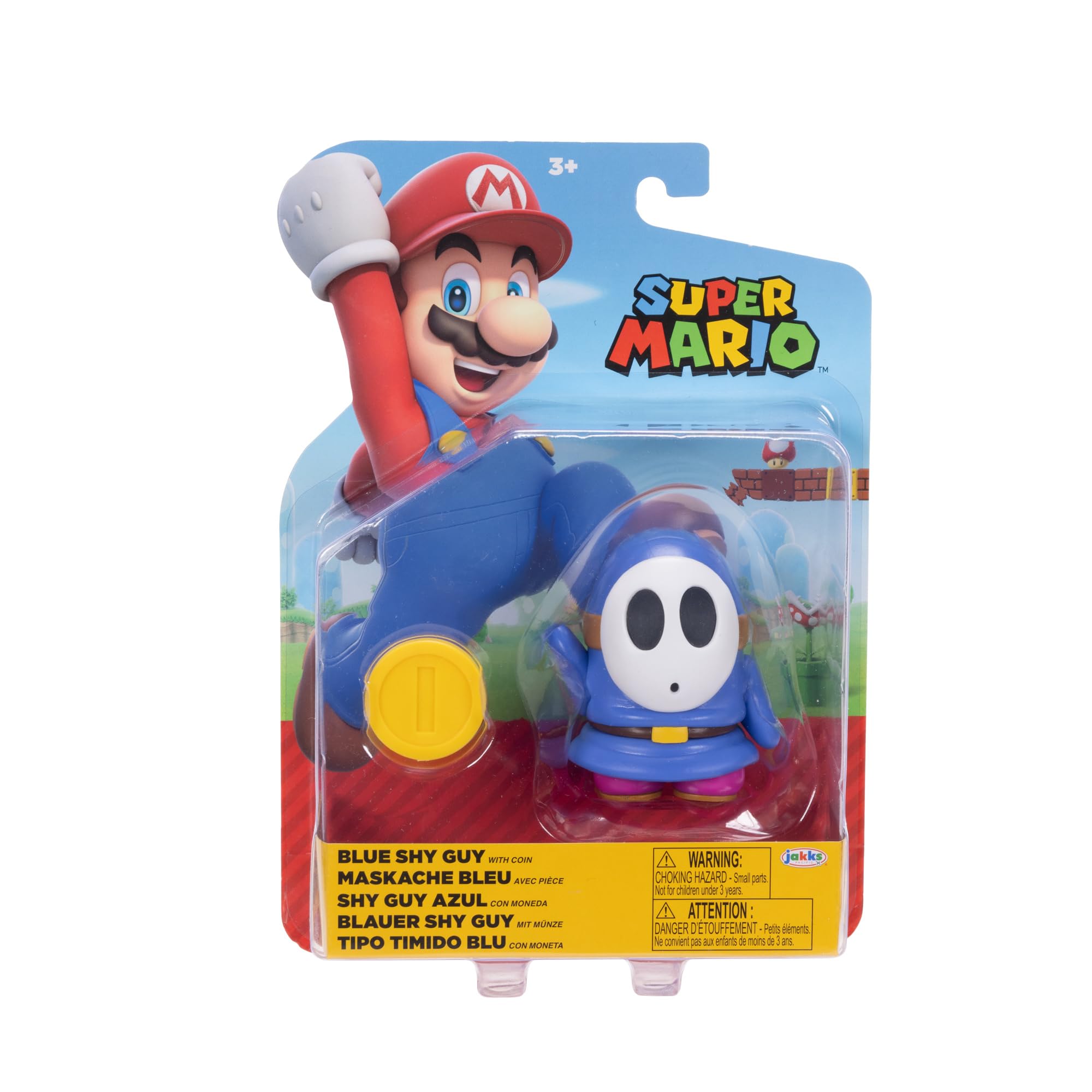 Super Mario 4-Inch Blue Shy Guy Action Figure with Coin – Poseable, Ages 3+
