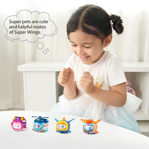 Super Wings Super Pets 4-Pack Jerome, Golden Boy, Shine, Ellie with Lights and Emotion Expressions, Ages 3+