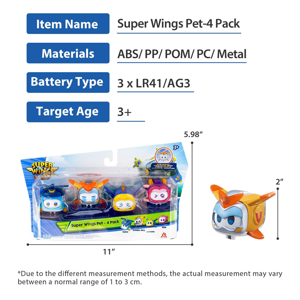 Super Wings Super Pets 4-Pack Jerome, Golden Boy, Shine, Ellie with Lights and Emotion Expressions, Ages 3+