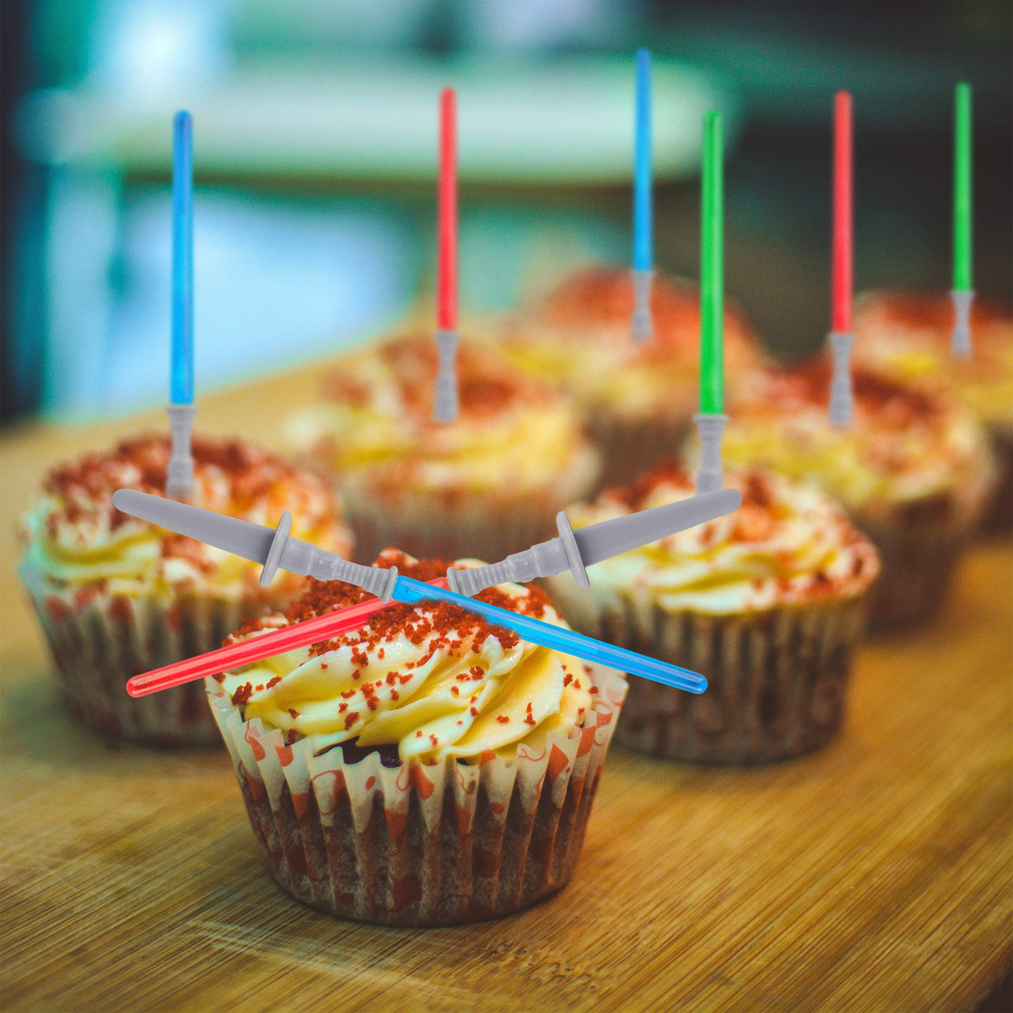 Super Z Outlet Light Saber Cupcake Toppers (12 pack) - 4 Inch Tall Plastic Picks in Red, Green, Blue for Birthday and Fan Events