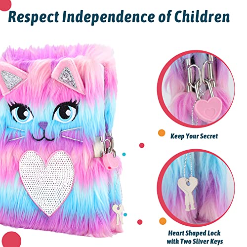 SuperStyle Plush Cat Lock Diary – Secret Notebook for Girls 6-12, Soft Fuzzy Cover with 64 Pages