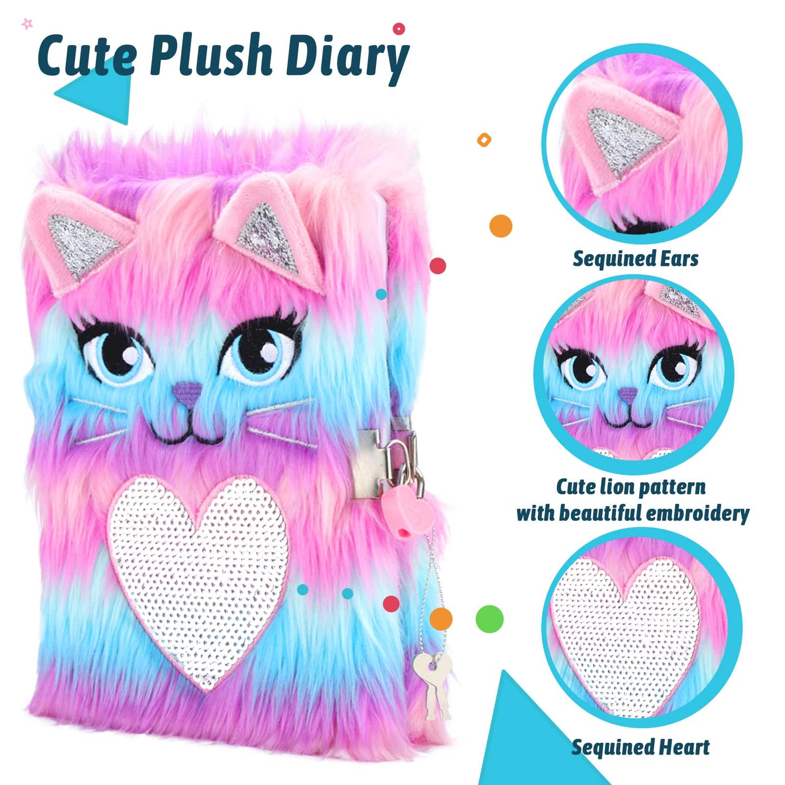 SuperStyle Plush Cat Lock Diary – Secret Notebook for Girls 6-12, Soft Fuzzy Cover with 64 Pages