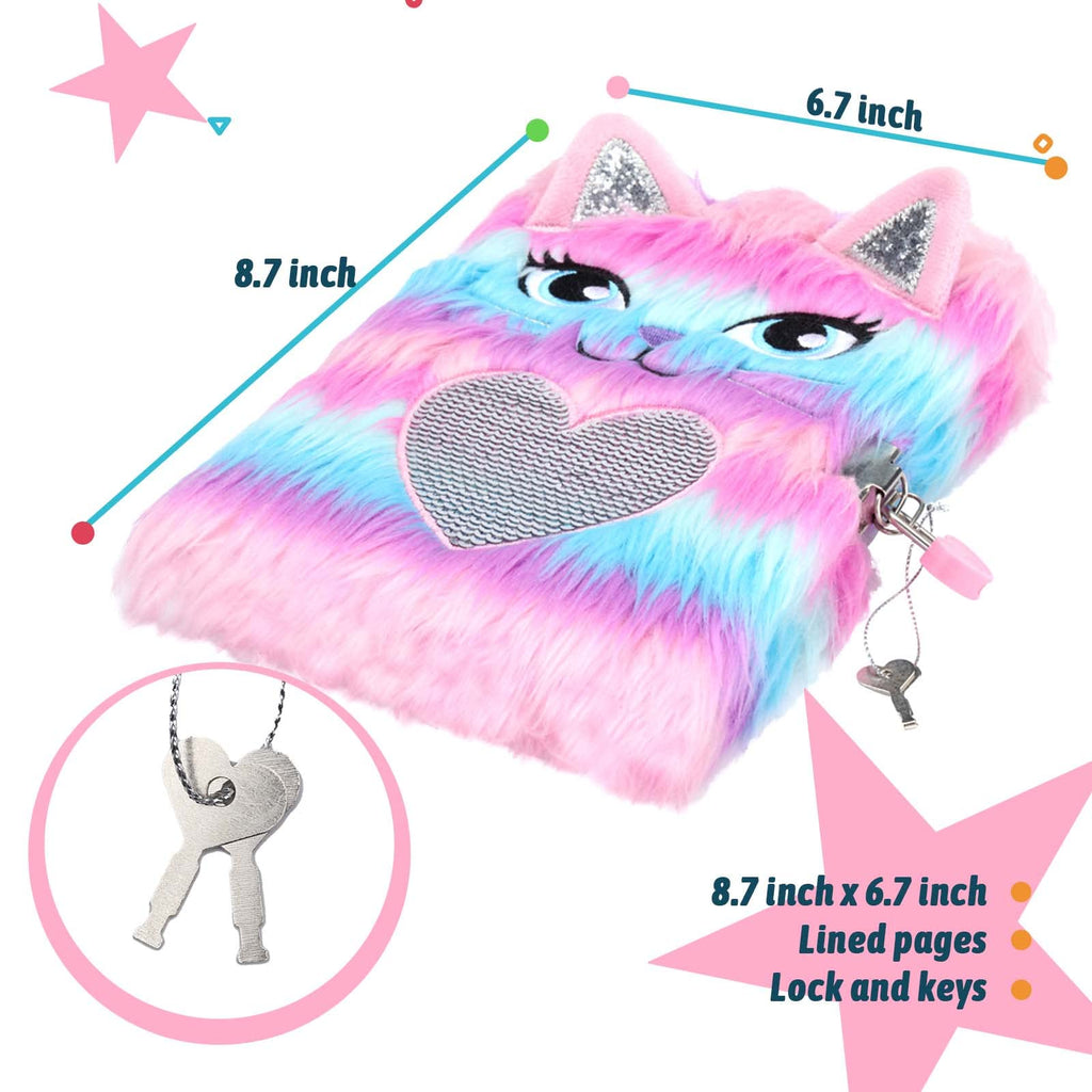 SuperStyle Plush Cat Lock Diary – Secret Notebook for Girls 6-12, Soft Fuzzy Cover with 64 Pages