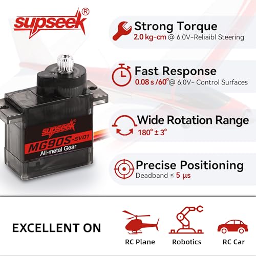 SupSeek MG90S 9g Micro Servo Motor Kit (4pcs) – Metal Gear, 2.0 kg-cm Torque, 0.08 sec/60° for RC Planes, Arduino, Robotics