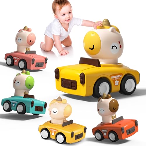 SUPVIB Press to Go Friction Inertia Car Animal Toddler Toy for 1-3 Year Old - 360° Rotating Head Click Sound