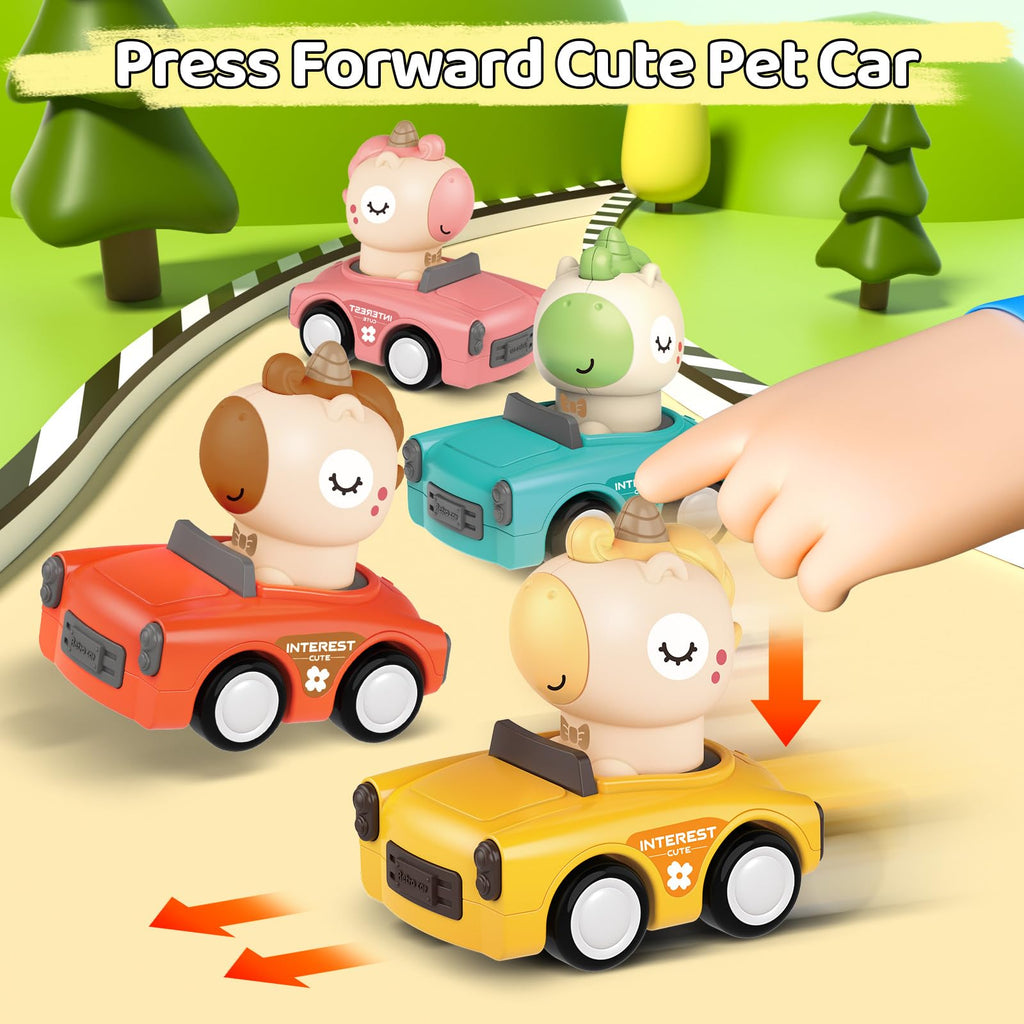 SUPVIB Press to Go Friction Inertia Car Animal Toddler Toy for 1-3 Year Old - 360° Rotating Head Click Sound
