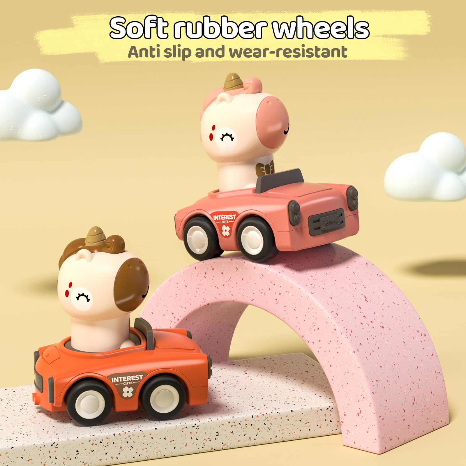 SUPVIB Press to Go Friction Inertia Car Animal Toddler Toy for 1-3 Year Old - 360° Rotating Head Click Sound
