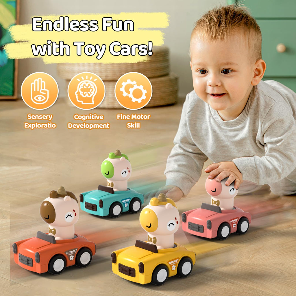SUPVIB Press to Go Friction Inertia Car Animal Toddler Toy for 1-3 Year Old - 360° Rotating Head Click Sound