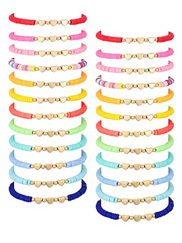 Sureio 24 Pcs Colorful Friendship Bracelets – Letter, Heart, Smile & Surfer Designs – Stretch Beaded for Girls, Women & Tween Party Favors