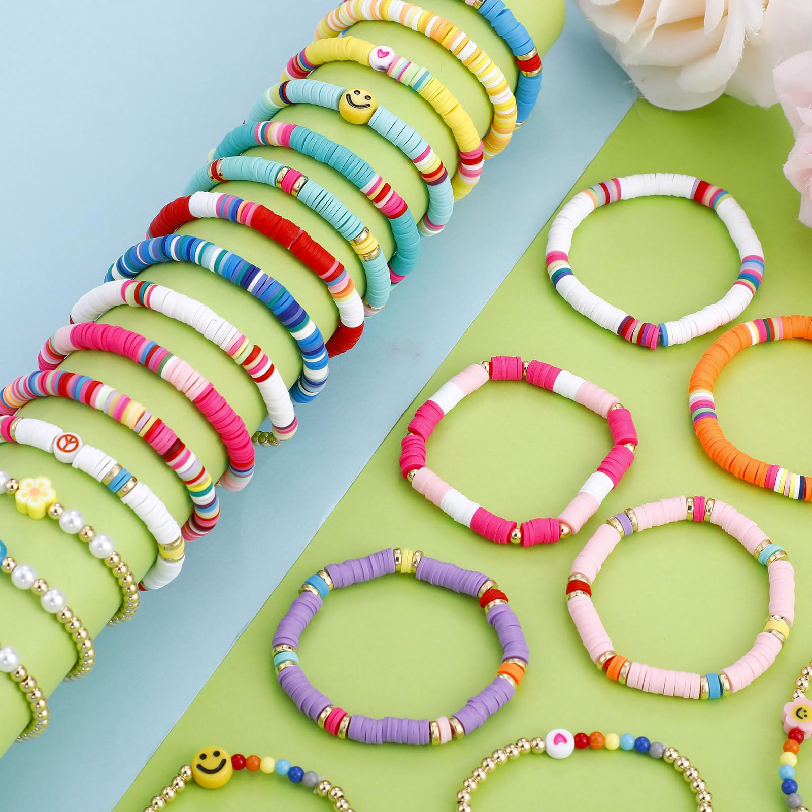 Sureio 24pcs Colorful Friendship Bracelets Set - Stretch Beaded Bracelets for Girls, Tweens, Party Favors