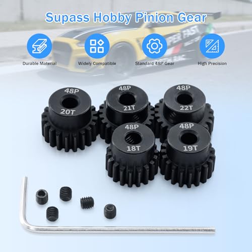 Surpass Hobby 48P Pinion Gear Set 5-Pack (18T-22T) for 1/10 RC Cars with Hex Key