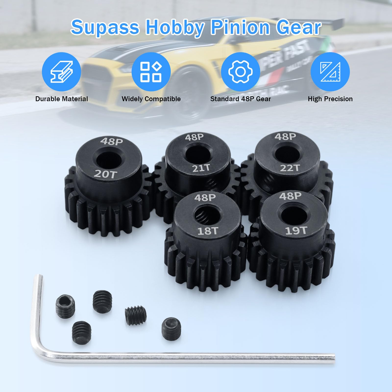 Surpass Hobby 48P Pinion Gear Set 5-Pack (18T-22T) for 1/10 RC Cars with Hex Key