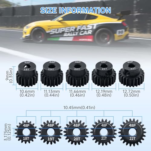 Surpass Hobby 48P Pinion Gear Set 5-Pack (18T-22T) for 1/10 RC Cars with Hex Key