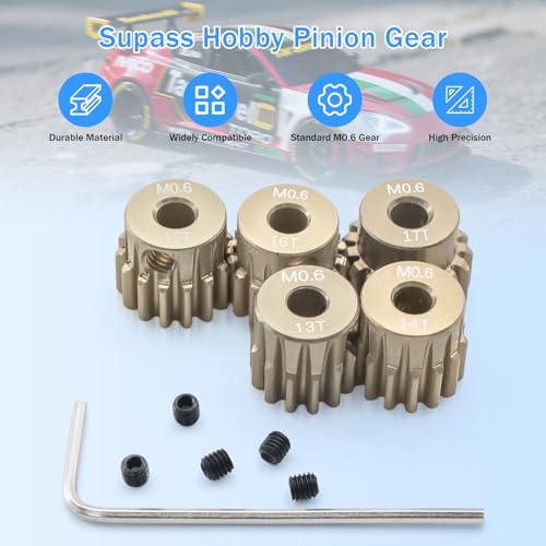 Surpass Hobby USA M0.6 13-17T 7075 Aluminum Pinion Gear Set for 1/10 RC Cars, 3.175mm Bore
