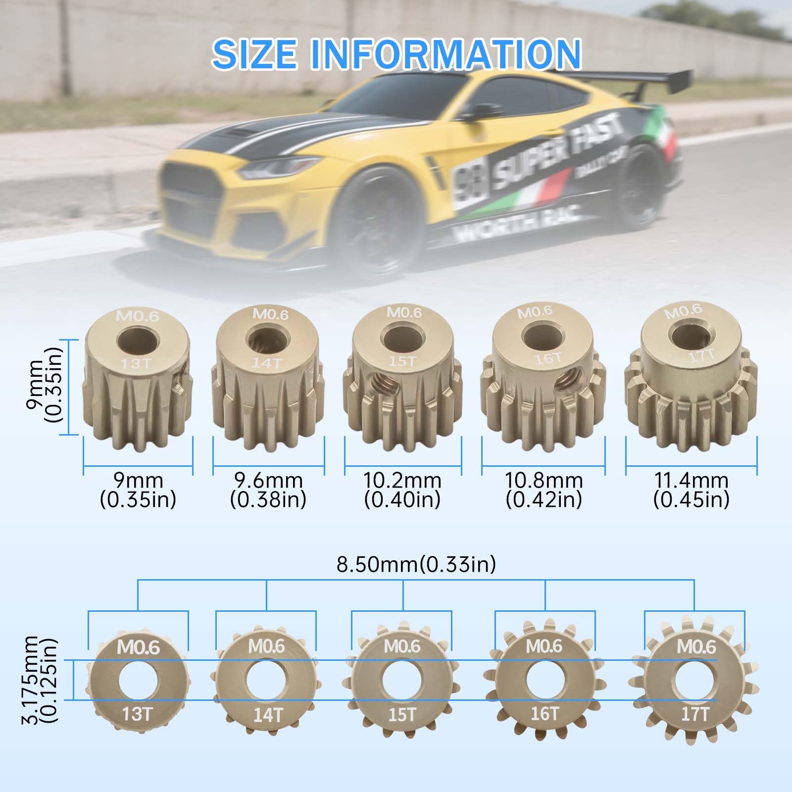 Surpass Hobby USA M0.6 13-17T 7075 Aluminum Pinion Gear Set for 1/10 RC Cars, 3.175mm Bore
