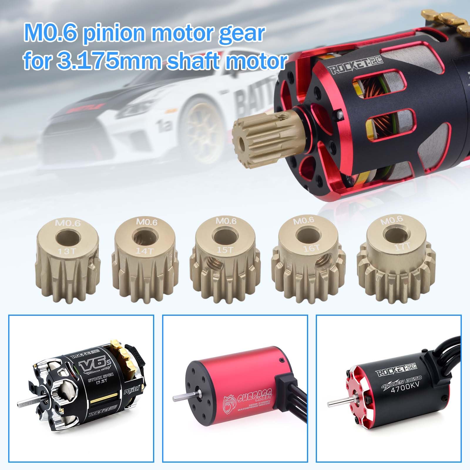 Surpass Hobby USA M0.6 13-17T 7075 Aluminum Pinion Gear Set for 1/10 RC Cars, 3.175mm Bore