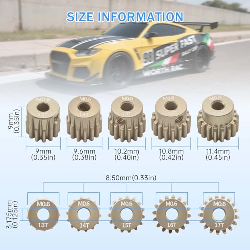 Surpass Hobby USA M0.6 13-17T 7075 Aluminum Pinion Gear Set for 1/10 RC Cars, 3.175mm Bore