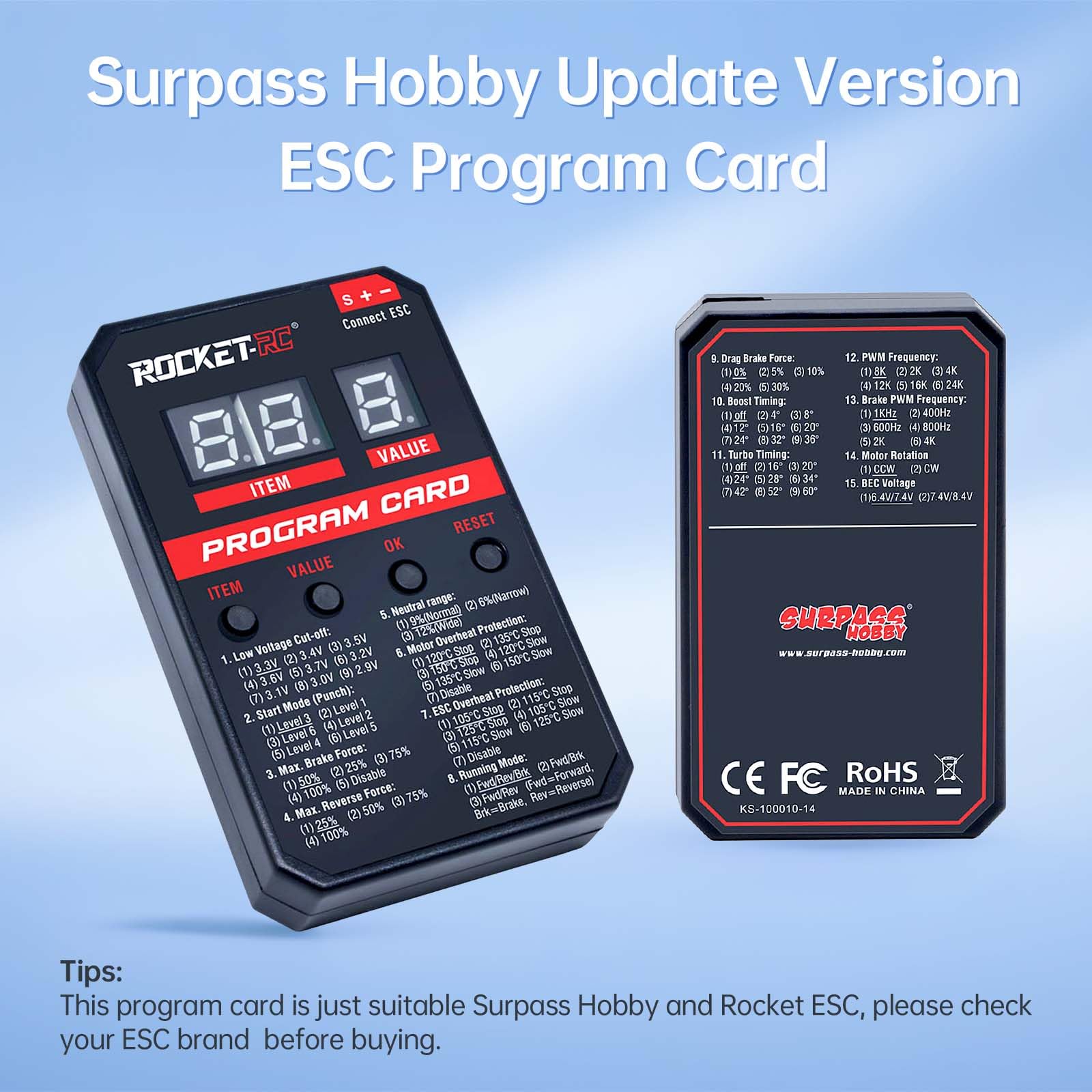 Surpass Hobby V2 ESC Programming Card – Compatible with Surpass Hobby & Rocket-RC Brushless ESCs (50A-110A)