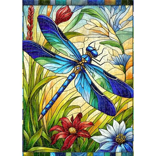 Sutinban 500 Piece Stained Glass Dragonfly Puzzle – Challenging Jigsaw for Adults with Colorful Flower Design