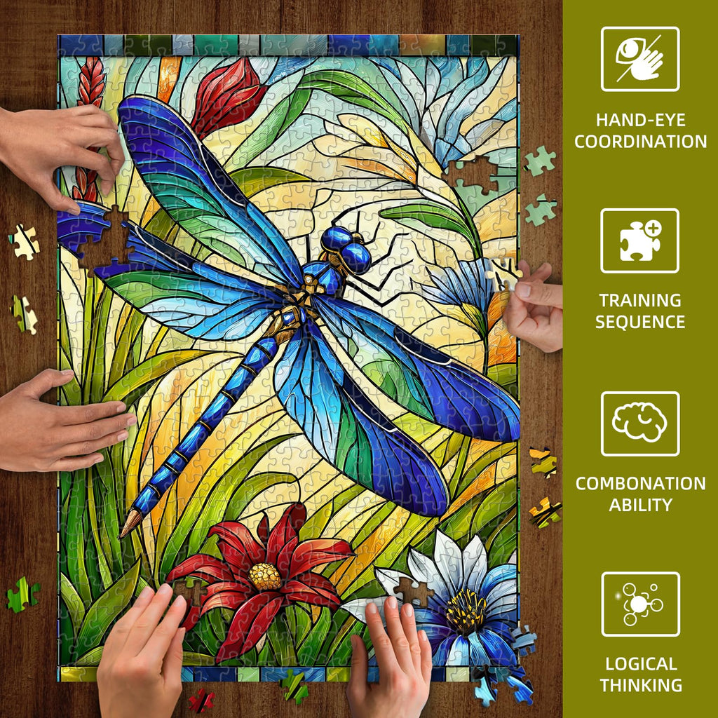 Sutinban 500 Piece Stained Glass Dragonfly Puzzle – Challenging Jigsaw for Adults with Colorful Flower Design