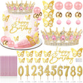 SUTROMA Crown Cake Topper Set – Golden Pink Tiara, Candles & Butterfly Decorations for Birthday or Wedding